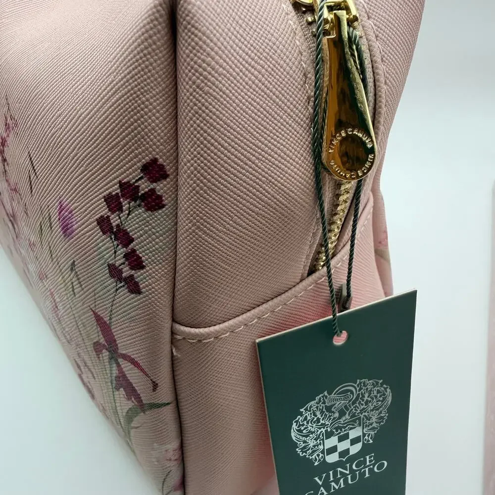 Vince Camuto Pink Floral Cosmetic Bag + Duo Face Brush Set NWT